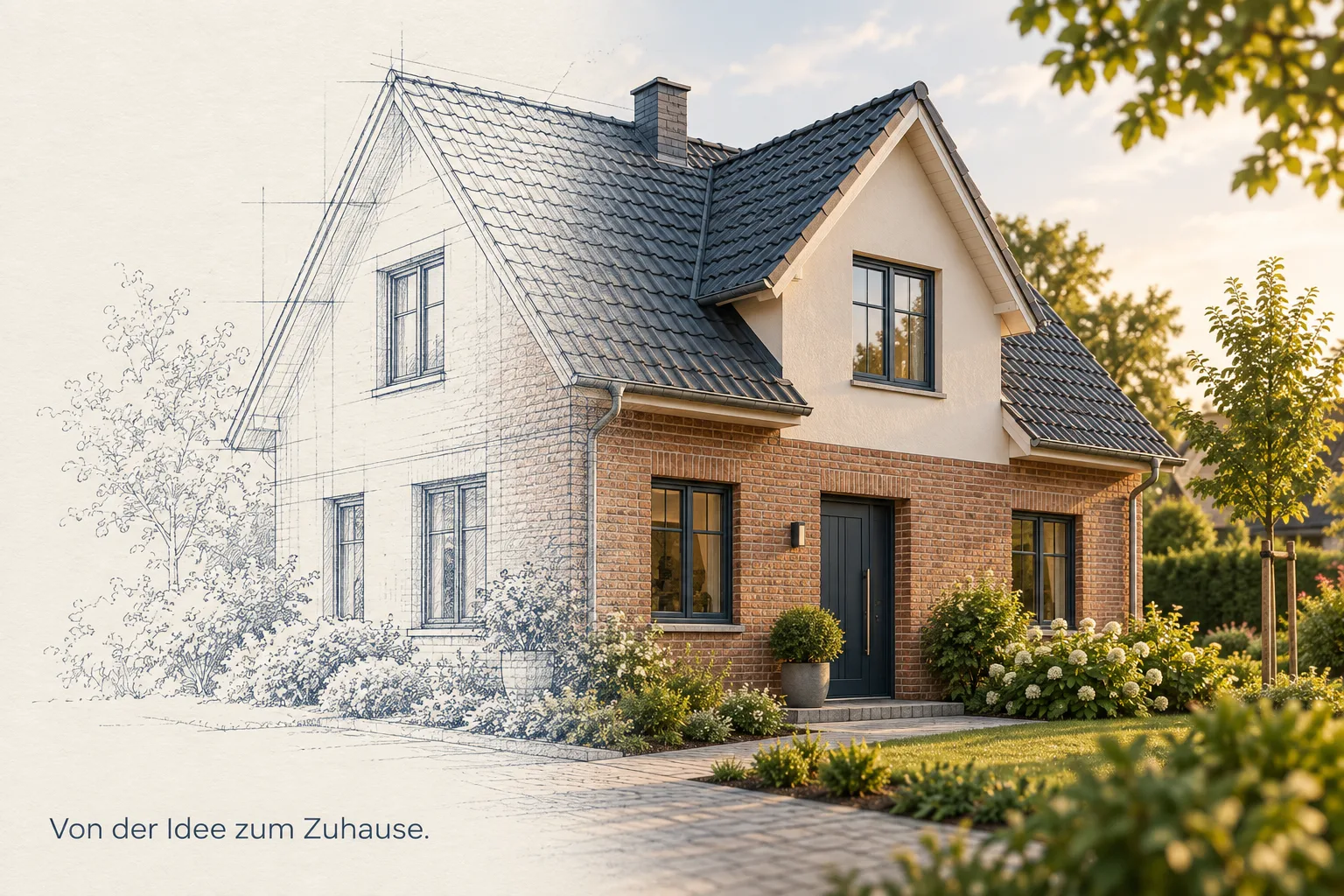 Von der Idee zum Zuhause: Eine Architekturzeichnung geht fließend in ein fertiges Haus über.